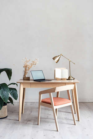 Home office design in contemporary apartment. Laptop computer with copy space display. Comfortable workplace with wooden furniture, table and chair decorated with green potted plant and house decorの写真素材