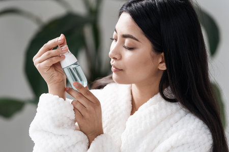 Concept of natural beauty and skincare procedure. Side portrait view of young asian woman looking at...