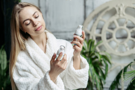 Smiling woman in soft bathrobe choosing bottles with cosmetics for skin care. Female in bathrobe...
