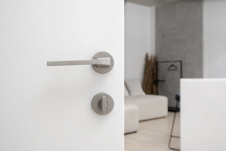 Closeup of open white door with simple steel matt doorhandle and lock, blurred view of room with...