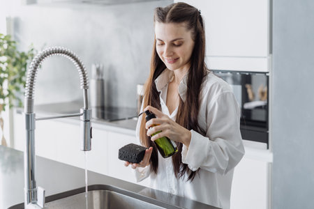 Happy beautiful woman housewife cleaning dishes in sink and enjoying daily housework routine in...