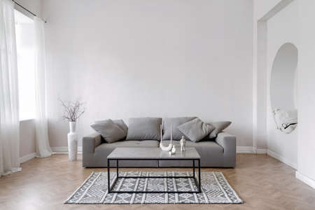 Room interior, modern home design with furniture. Gray sofa at white apartment, living room in simple style. Scandinavian flat with stylish minimal decor, space for relax.の写真素材