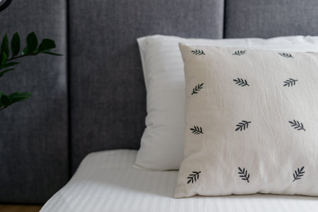 Bedroom interior with nobody, closeup at comfortable bed. Room design with bedding pillow, indoors...