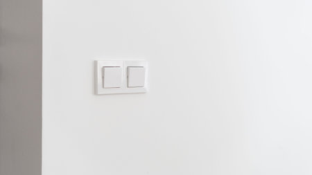 Switch light at wall, closeup to interior details. Minimalistic home design, white button for...