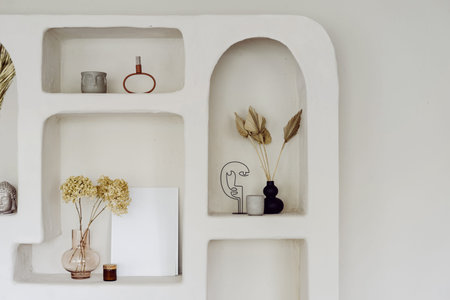 Room interior with wall design, decor at niche shelf. Modern home decoration, indoors apartment...