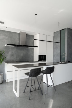 Spacious kitchen with minimalist square shaped furniture, gray floor and walls, counter with...
