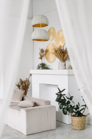 Home interior, vertical shot of white living room design. Modern scandinavian style of house, nobody at comfortable sofa. Modern apartment with wooden decor, dry plants and pillows.の写真素材