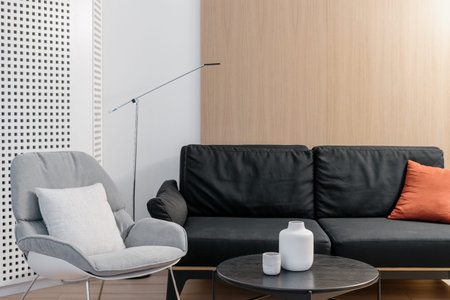 Room interior with sofa, home design. Modern living room decor, contemporary scandinavian apartment...