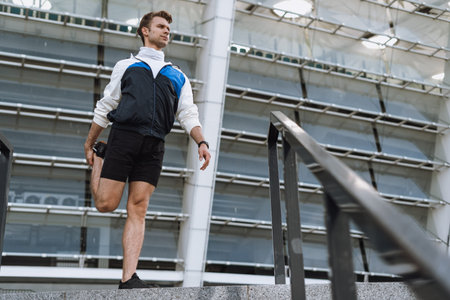 Healthy lifestyle concept. Low angle view of sportsman warming up his body, stretching legs before...