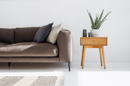 Cropped view of modern apartment with white walls and luxury furniture. Comfortable sofa for relax....