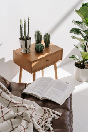 Open book and plaid on armchair in cozy living room. Vertical view of wooden table with drawer and...