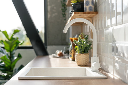Side view of white sink in contemporary white kitchen interior. Wooden shelves with utensils. Spacious and bright apartment with plants conceptの写真素材