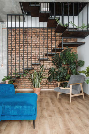 Contemporary armchair and sofa in cozy loft styled duplex flat with stairs and plants. Home environment. Luxury apartment for sale. Modern house with stairs interior designの写真素材