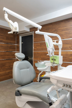 Interior design of comtemporary dental office with equipment and instruments in clinic. Dentistry sector. oral medicine. Orthodontic cabinetの写真素材