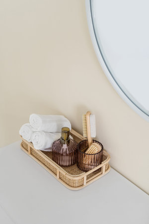 High above view of white rolled towels, glass jars and brushes near mirror. home spa concept. bath accessories. beauty elements. body care ideasの写真素材