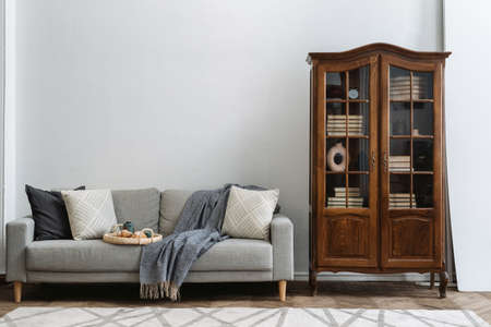 Cozy living room with wooden bookcase and comfort sofa against white copy space wall. Fresh croissant and cup of tea breakfast tray over couch. Concept of vintage furniture in retro style apartmentの写真素材