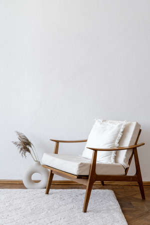 Light apartment with white vintage armchair and home decor with dry plant in vase against copy space wall. Minimalist living room with retro lounge chair, carpet on wooden floor and elegant home decorの写真素材