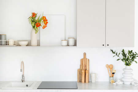 Interior design in white modern kitchen with cabinets, storage cupboards, built-in household appliance, glass ceramic hob, kitchenware, home decor. Faucet over empty sink near induction cooker stoveの写真素材