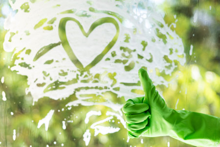 cleaning service concept. eco friendly detergent, good quality of service. window with heart shape foam and female hand in green glove showing thumb-up gestureの写真素材