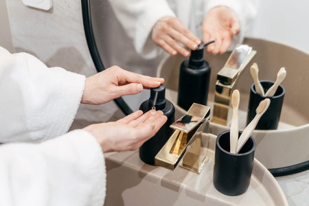 Cropped view of woman dressed in white bathrobe washing hands in the bathroom at home, using...