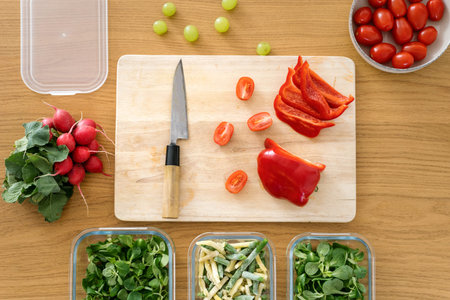 top view of fresh bell pepper and knife on wooden board, tomato in bowl and mache salad in glass...