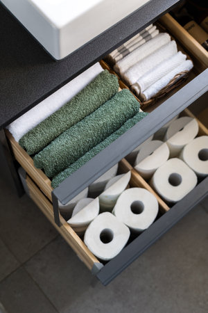 open drawer with fresh bath towels in wooden container and terry facial towels in wicker basket, organized storage at homeの写真素材