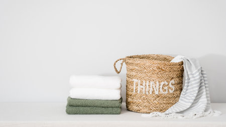wicker basket with unwashed linen bedding and fresh bath towels tidy folded on surface on white background with copy space, laundry conceptの写真素材