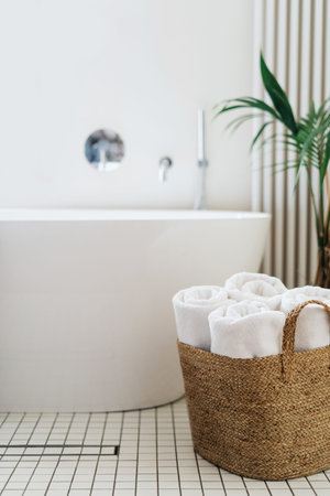 Vertical shot of clean folded towels in wicker basket standing on tiled floor near classic and white...