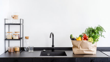 detail of interior at home kitchen, black faucet, sink, countertop, glass containers with groats on...