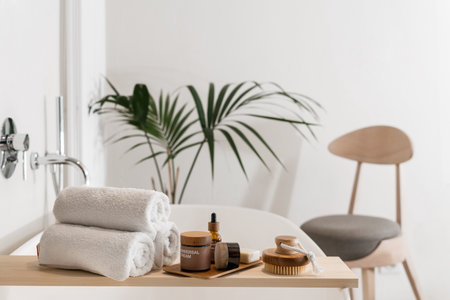 skin care cosmetics on bamboo tray, massage peeling brush and fresh terry towels folded on wooden caddy on bathtub, plant and chair in apartment with modern interiorの写真素材