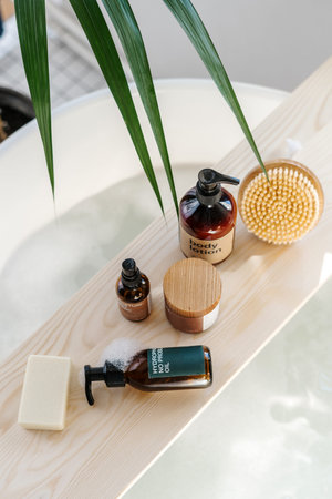 skin care products, natural cream in jar, body lotion in brown bottle, organic soap and massage...