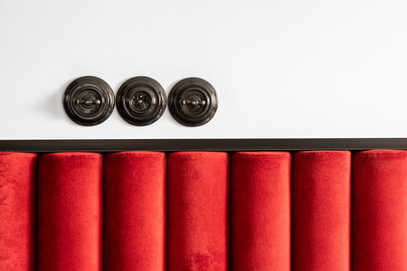 Concept of power supply in apartment with stylish interior design. Socket and light switch install on white copy space wall over bed with soft and red upholstered headboardの写真素材