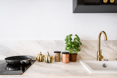 detail at home kitchen interior, frying pan on electrical glass ceramic hob, modern sink, golden faucet, food products in containers and potted plant on marble countertopの写真素材