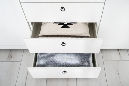 high angle shot of open drawers in wooden modern wardrobe with pillows, folded blanket and bedclothes inside in bedroom closet, organized storage conceptの写真素材