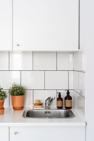 detail at kitchen interior, white cupboard, stainless steel faucet, sink, wooden dish washing brush,...