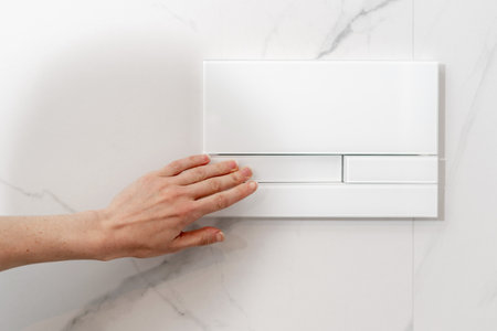 closeup of female hand pushing switch for water flush control on white marble tiled background, modern concealed cistern, detail in bathroom interiorの写真素材
