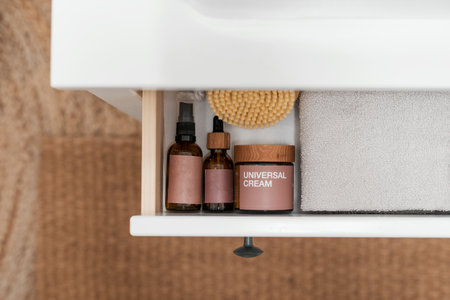 top view of skincare serum in brown bottle, moisturizer cream in glass jar, massage brush and fresh towel neatly folded in open drawer of wooden cabinet in modern bathroom, storage conceptの写真素材