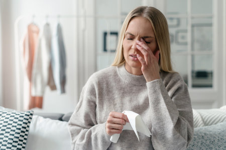 illness woman with fever feeling virus symptom, headache and eyestrain, holding tissue in hand at home apartmentの写真素材