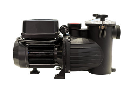closeup of electrical sand filter system for swimming pool on isolated background, professional equipment for purification and cleaning waterの写真素材