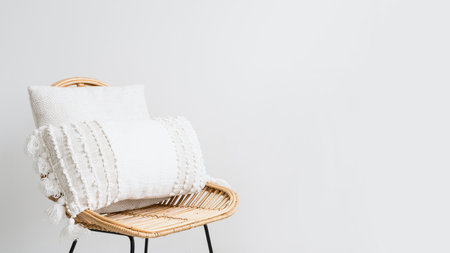 closeup of cushions in textile cover on rattan chair on white background with copy space, bohemian decor elementの写真素材