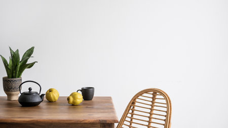 composition of plant in ceramic pot, tea in black mug and fresh quince on wooden table near rattan chair on white wall background, detail in home interiorの写真素材