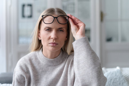 young female with eyeglasses looking at camera squinting eyes, having bad sight and feeling discomfort, poor eyesight conceptの写真素材