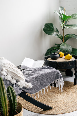 detail in apartment with bohemian interior, lounge chair with blanket and pillow, wooden side table with teapot, cup and fruit, green plant and round wicker rug on floorの写真素材
