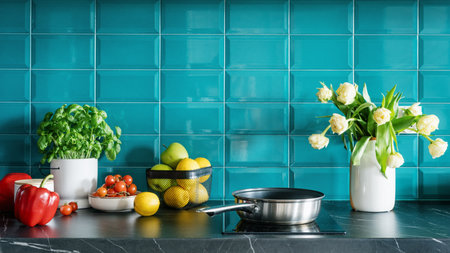 detail at kitchen interior, ceramic vase with blossom flowers, electrical stove with frying pan, blue tile on wall and fresh lemons, apples, tomatoes and bell pepper on marble countertopの写真素材