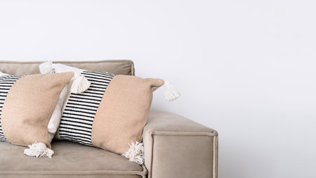 Comfortable modular couch with cushions against copy space background. Living room with gray textile furniture and home decor. Modern apartment with gray sofaの写真素材