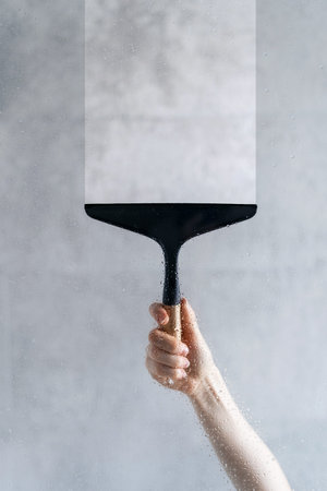 Close up view of woman hand cleaning wet shower partition by black glass wiper on the grey blurred...