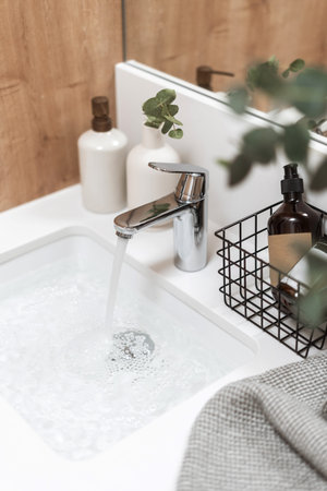Element of hotel or apartment interior concept. High angle white wash basin filled clear water....