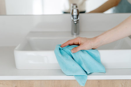 Close-up view of cleaning the white washbasin with a blue microfiber cloth. Woman hand removing...