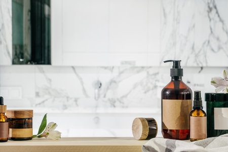 Collection of beauty and skincare cosmetic products on wooden table in luxury bathroom. Jars with face cream, bottles and soap dispenser. Brand packaging. Blurred marble background in washroomの写真素材