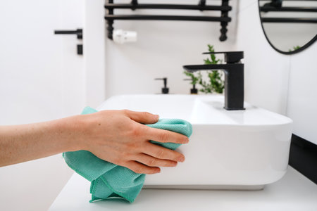 Close up view of woman hand cleaning white modern washbasin with a blue microfibra cloth in the stylish bathroom. Black water mixer, towel rail, mirror, door as a blurred backgroundの写真素材
